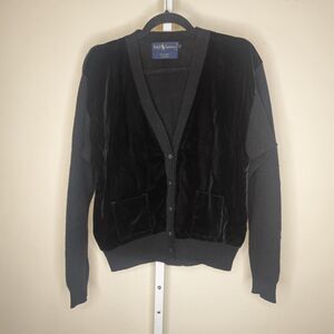 Vtg Ralph Lauren Lrg 100% Wool Velvet Front Button Front Black Cardigan *Flaw